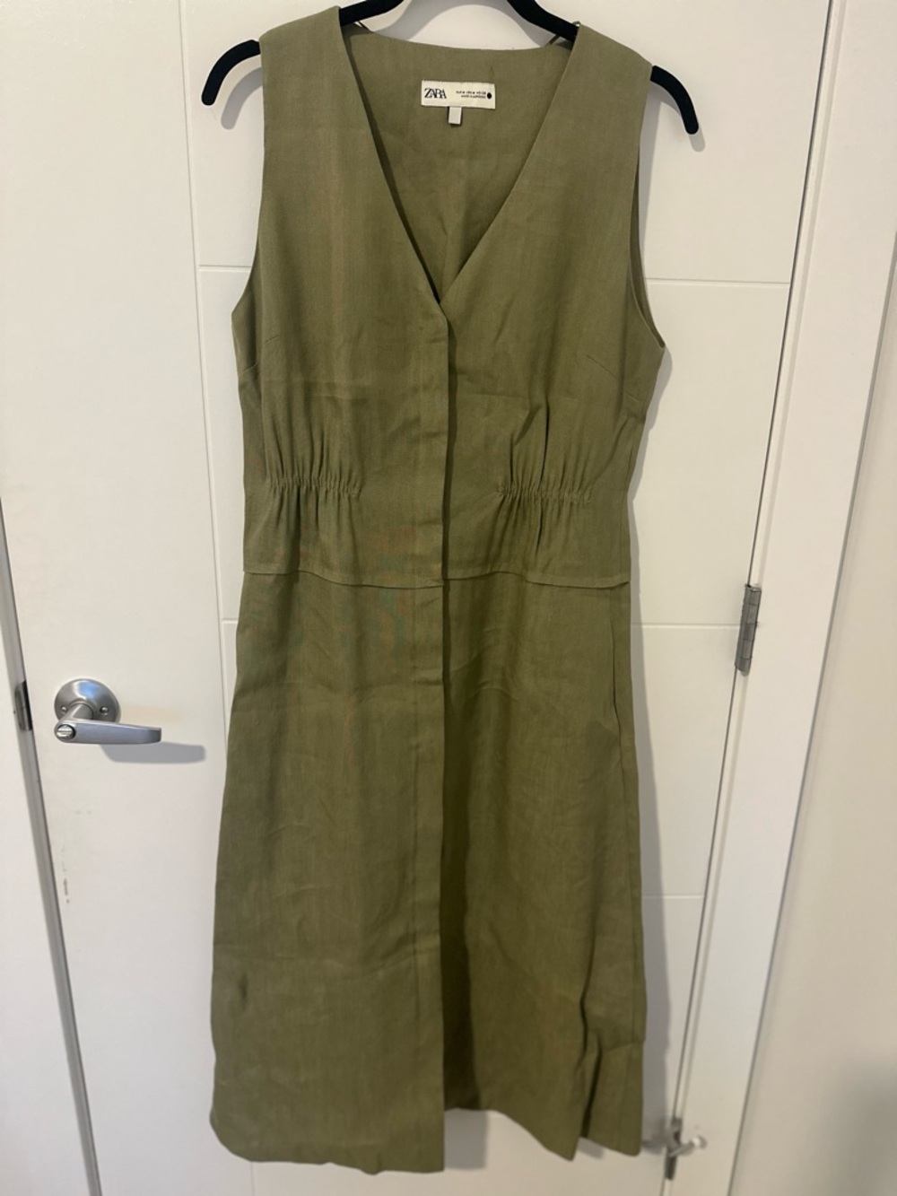 ZARA Linen Blend  Sleeveless Midi Dress | V-Neck Elastic Waist |